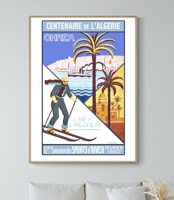 Affiche vintage célébrant le centenaire de la Compagnie Transatlantique, avec scène de ski et paysag.