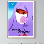 Illustration artistique d'une femme voilée avec masque et rose, style vintage marocain.