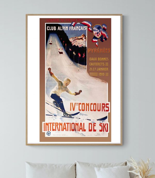 Affiche vintage pour le Concours International de Ski à Cauterets en 1910. Illustration d’un skieur.