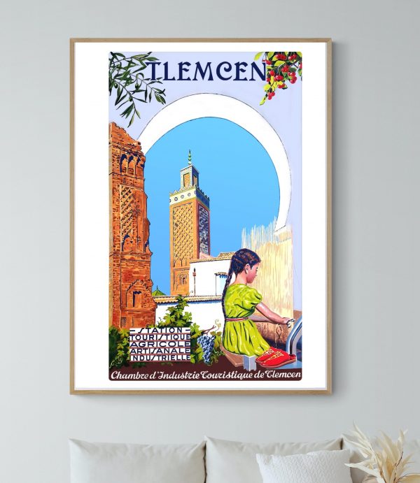 Affiche vintage de Tlemcen avec architecture historique et scène locale.
