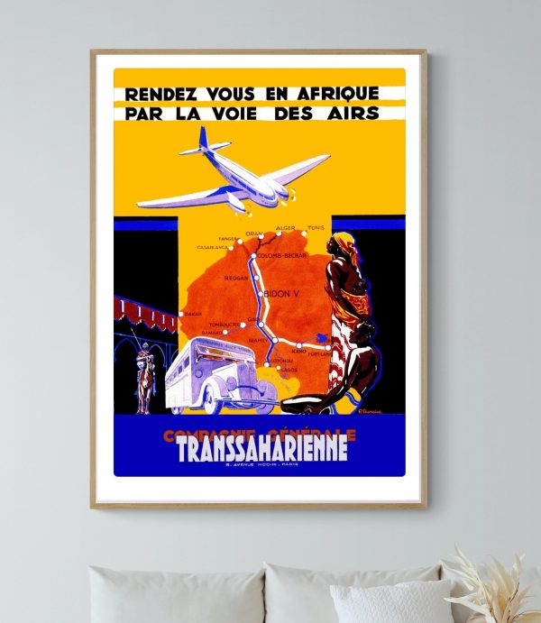 Affiche vintage de voyage en Afrique avec avion, bus et carte de la Transsaharienne.