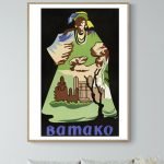Affiche vintage représentant Bamako, Mali, avec éléments culturels et architecturaux.