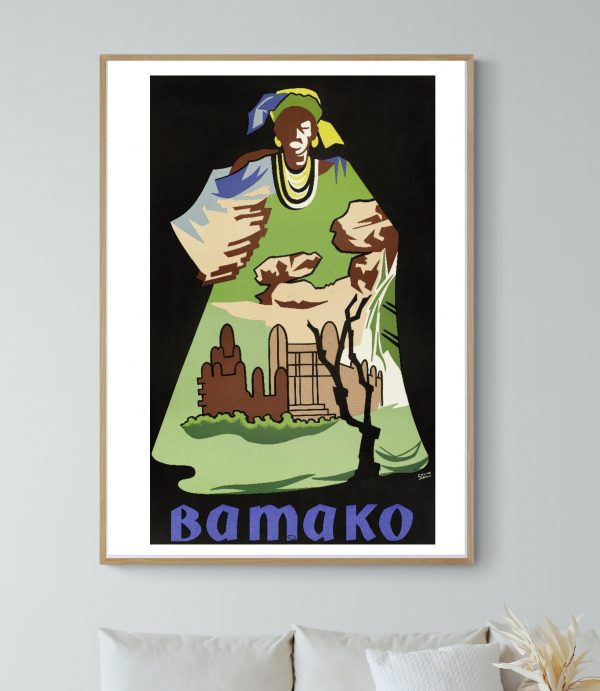 Affiche vintage représentant Bamako, Mali, avec éléments culturels et architecturaux.