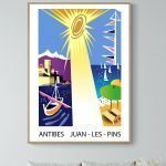 Affiche vintage colorée d'Antibes et Juan-les-Pins, plage, bateau et soleil.