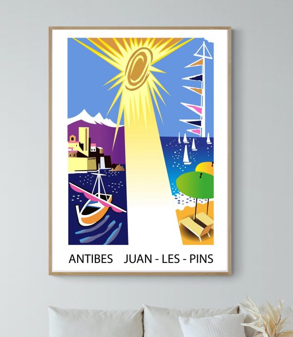 Affiche vintage colorée d'Antibes et Juan-les-Pins, plage, bateau et soleil.