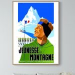 Affiche vintage représentant un jeune montagnard avec un paysage enneigé en arrière-plan.
