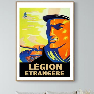 Affiche vintage Légion Étrangère avec portrait stylisé et couleurs vives. Parfait pour décoration mi.