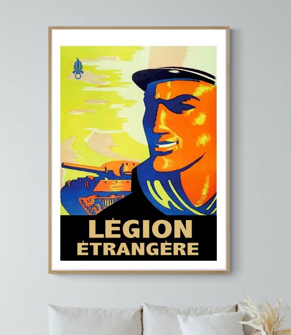 Affiche vintage Légion Étrangère avec portrait stylisé et couleurs vives. Parfait pour décoration mi.