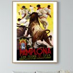 Affiche vintage de Pamplona avec taureaux et coureurs, style artistique coloré.
