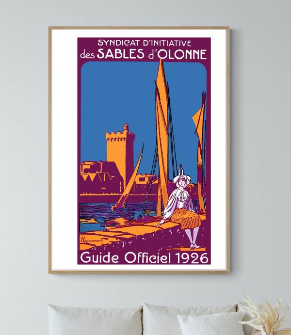 Affiche vintage Sables d'Olonne 1926, guide officiel avec scène maritime et voiliers.