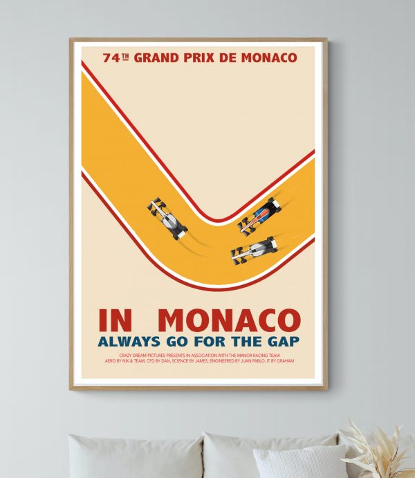Affiche vintage du 74e Grand Prix de Monaco avec voitures de course sur circuit.