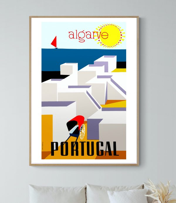 Affiche vintage de l'Algarve, Portugal, avec vue stylisée des bâtiments et du soleil.