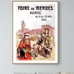 Affiche vintage de la Foire de Mekres au Maroc, 1930, avec des animaux et une scène de marché histor.