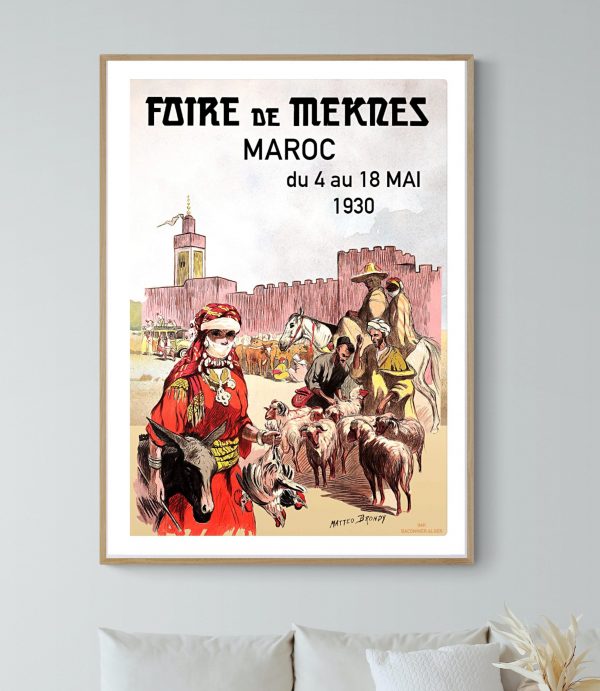 Affiche vintage de la Foire de Mekres au Maroc, 1930, avec des animaux et une scène de marché histor.