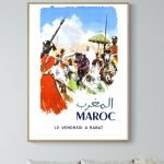 Affiche vintage représentant une scène traditionnelle à Rabat, Maroc, pour le vendredi.