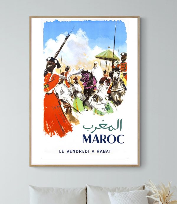 Affiche vintage représentant une scène traditionnelle à Rabat, Maroc, pour le vendredi.