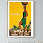 Affiche vintage Afrique du Sud avec femme portant un panier sur la tête, style rétro.