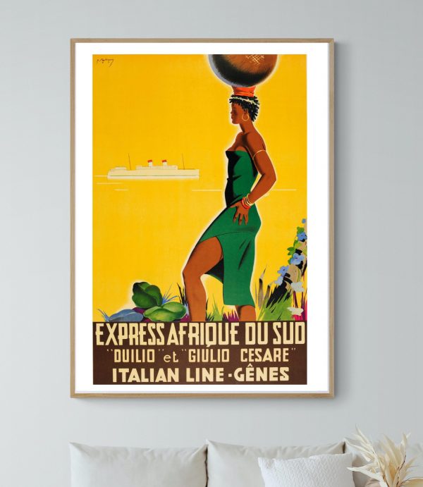 Affiche vintage Afrique du Sud avec femme portant un panier sur la tête, style rétro.