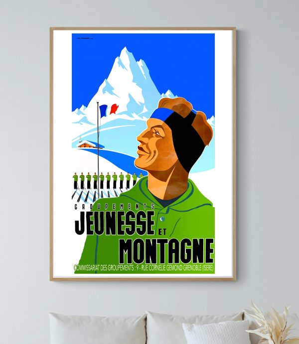 Affiche vintage représentant un jeune montagnard avec un paysage enneigé en arrière-plan.