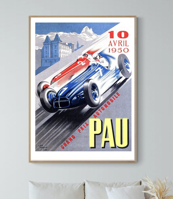 Affiche vintage du Grand Prix de Pau 1950 avec voitures de course classiques.