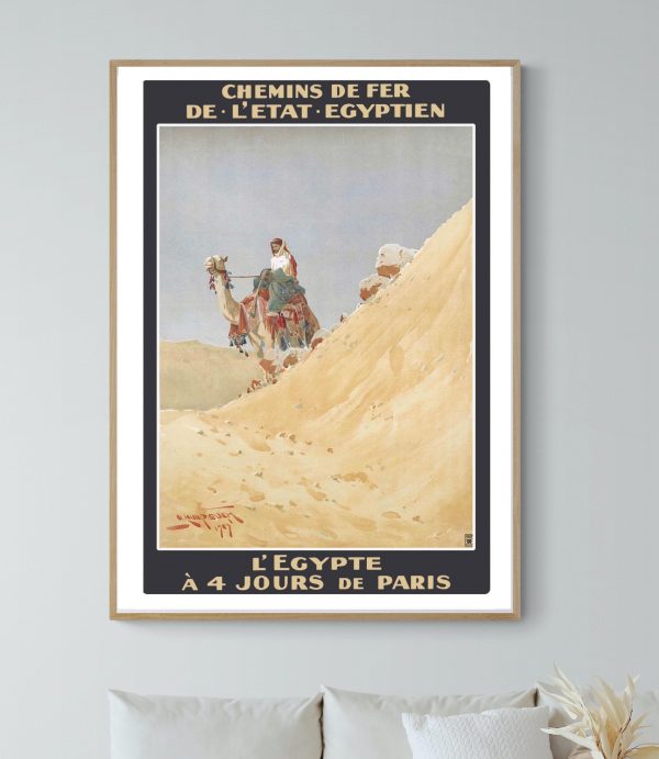 Affiche vintage représentant un voyage en Égypte avec un chameau dans le désert.
