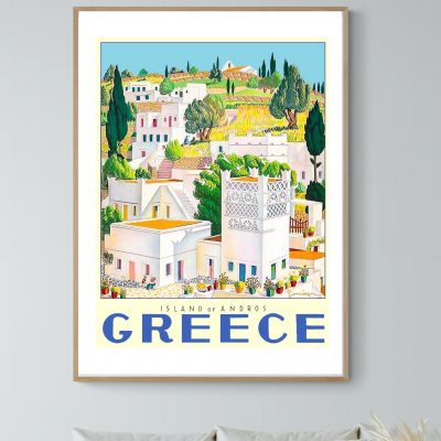 Affiche vintage représentant un paysage coloré de l'île d'Andros en Grèce.
