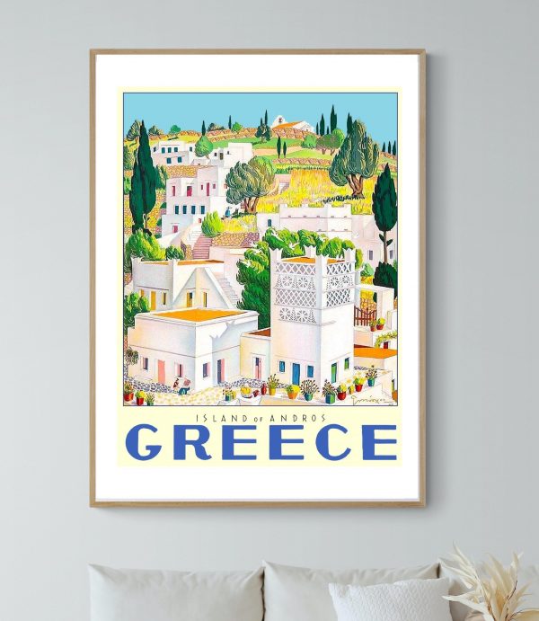 Affiche vintage représentant un paysage coloré de l'île d'Andros en Grèce.
