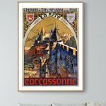 Affiche vintage de chemin de fer, illustrant la forteresse de Carcassonne, avec détails colorés et s.
