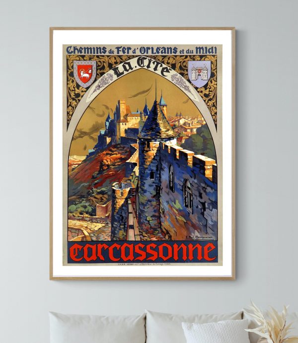 Affiche vintage de chemin de fer, illustrant la forteresse de Carcassonne, avec détails colorés et s.