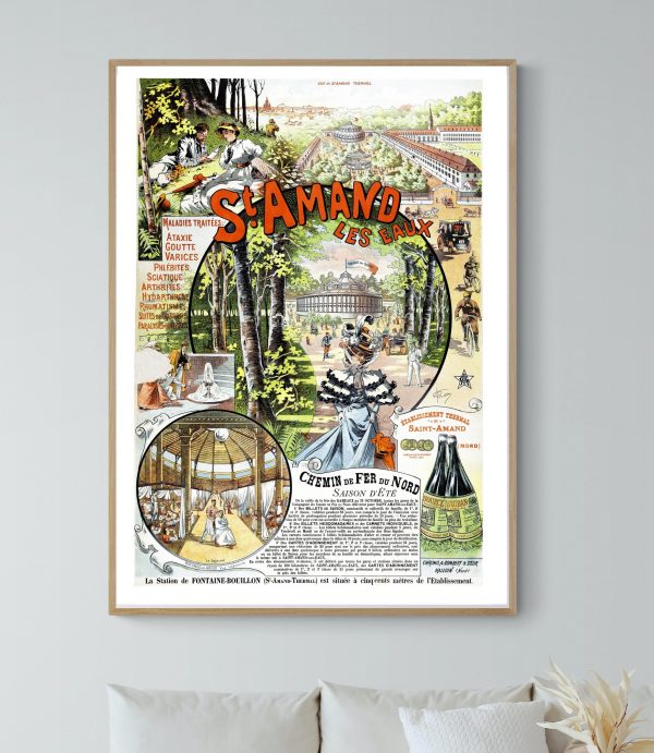 Affiche vintage de Saint Amand les Eaux, illustrant les attractions et sites historiques de la ville.