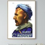 Affiche vintage de navigation maritime pour le Maroc, illustrant un marin avec turban et écharpe.