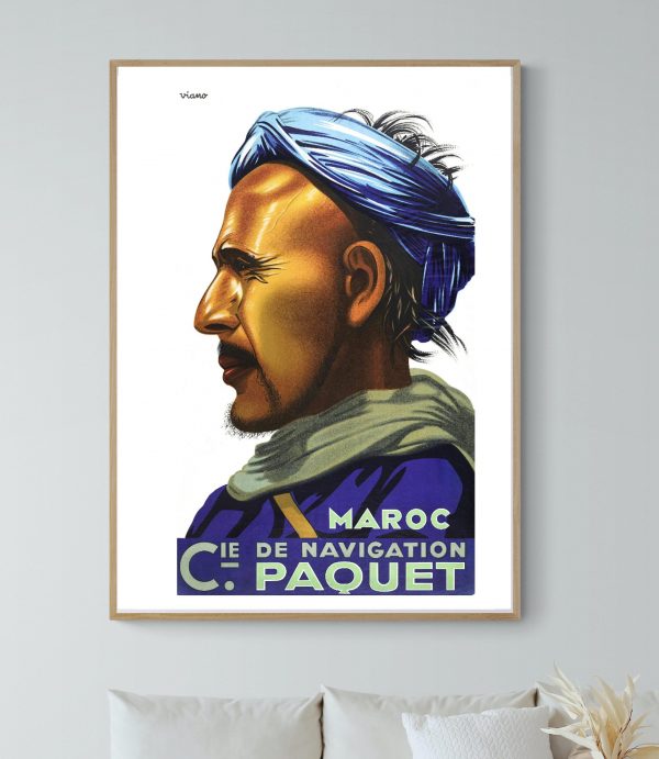 Affiche vintage de navigation maritime pour le Maroc, illustrant un marin avec turban et écharpe.