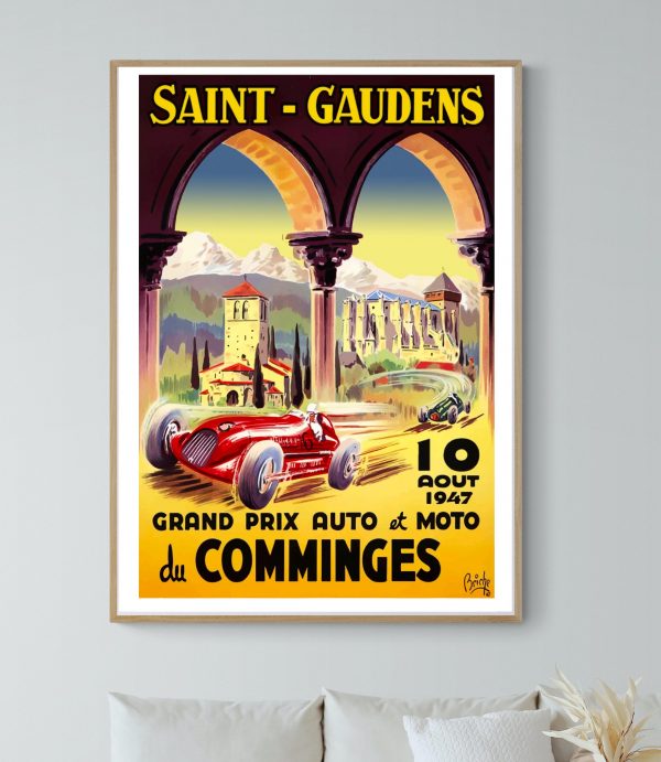 Affiche vintage du Grand Prix auto et moto de Comminges, Saint-Gaudens, 1947.
