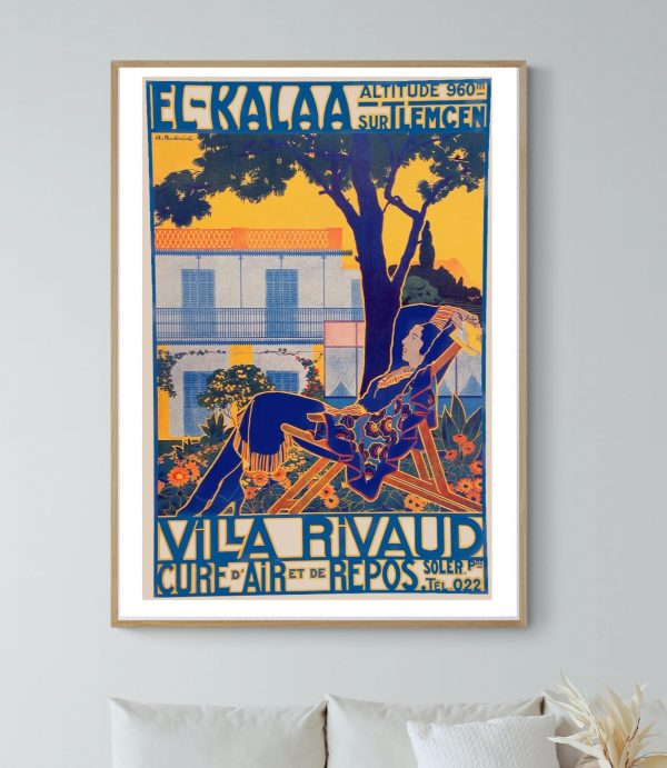 Affiche vintage de Moulay Idriss, ville sainte de Djebel Zehroun, avec paysage coloré et architectur.