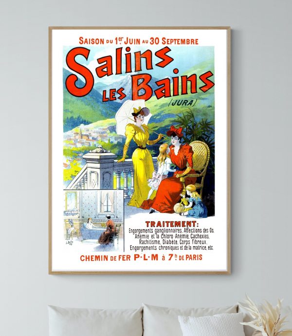 Affiche vintage pour Salins les Bains, avec illustration colorée de style rétro.