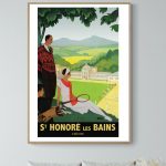 Affiche vintage de Saint Honoré les Bains, scène de tennis avec paysage rural.