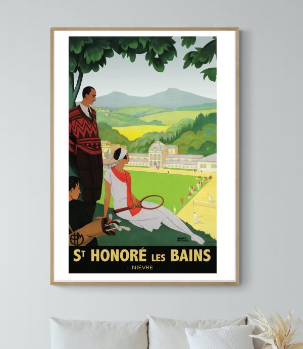 Affiche vintage de Saint Honoré les Bains, scène de tennis avec paysage rural.