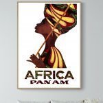 Affiche vintage Afrique Pan Am, illustration d'une femme africaine avec un tissu coloré et un bâton.