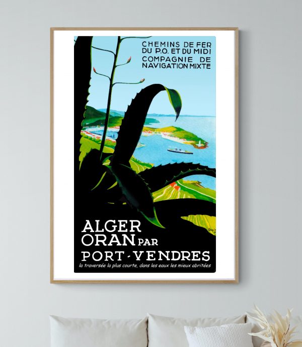Affiche vintage représentant la traversée Alger-Oran par Port Vendres.