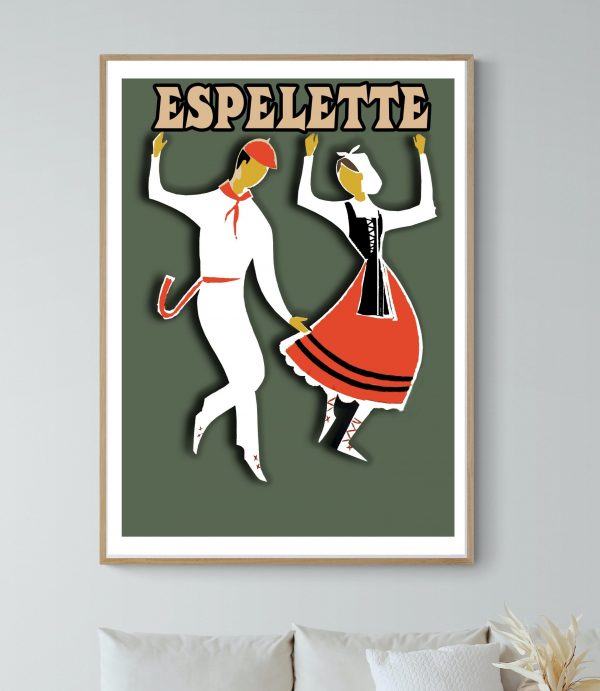 Affiche vintage Espelette avec danseurs traditionnels.