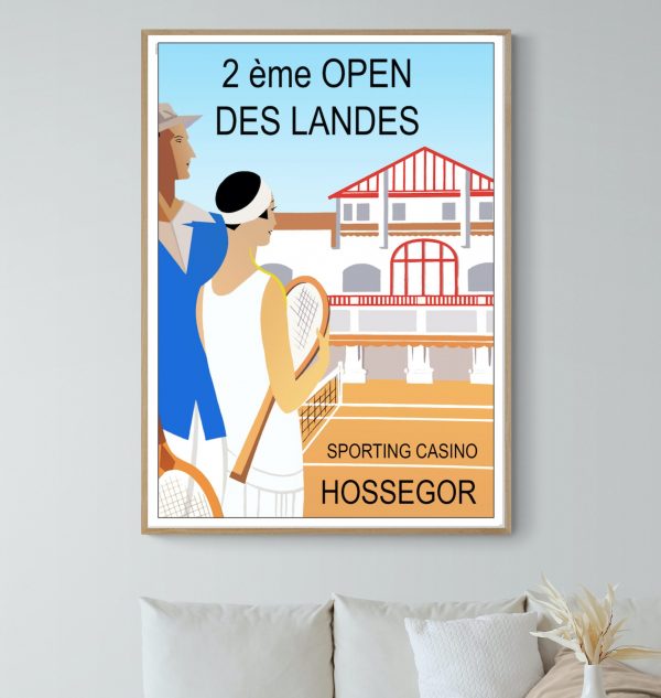 Affiche vintage pour le 2ème Open des Landes à Hossegor, événement de tennis et sport au Sporting Ca.