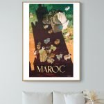 Affiche vintage Maroc avec animaux et architecture traditionnelle.