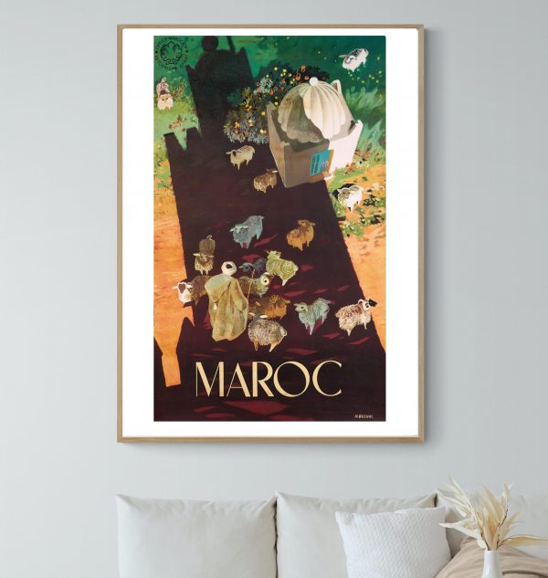 Affiche vintage Maroc avec animaux et architecture traditionnelle.