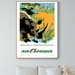 Affiche vintage Air Afrique avec éléphants et animaux sauvages africains.