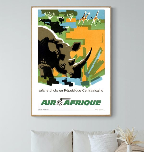 Affiche vintage Air Afrique avec éléphants et animaux sauvages africains.