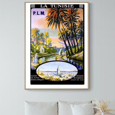 Affiche vintage représentant un paysage tunisien avec palmiers et rivière, évoquant la beauté de la.