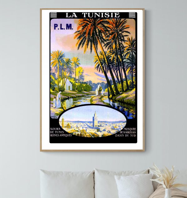 Affiche vintage représentant un paysage tunisien avec palmiers et rivière, évoquant la beauté de la.