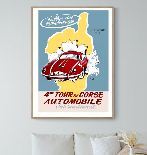 Affiche vintage de la course automobile Tour de Corse 1959, format 40x50 cm.
