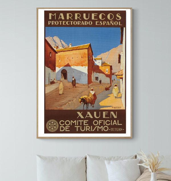 Affiche vintage de Moulay Idriss, ville sainte de Djebel Zehroun, avec paysages traditionnels maroca.