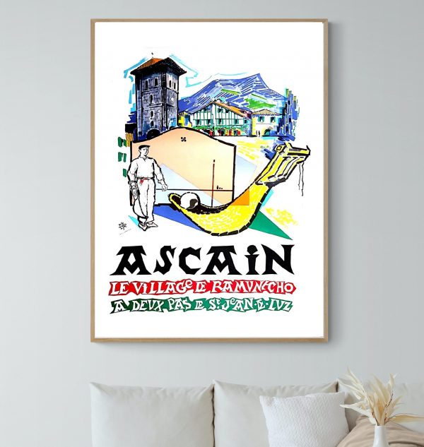 Affiche vintage Ascain, village basque avec paysage, architecture et culture locale.